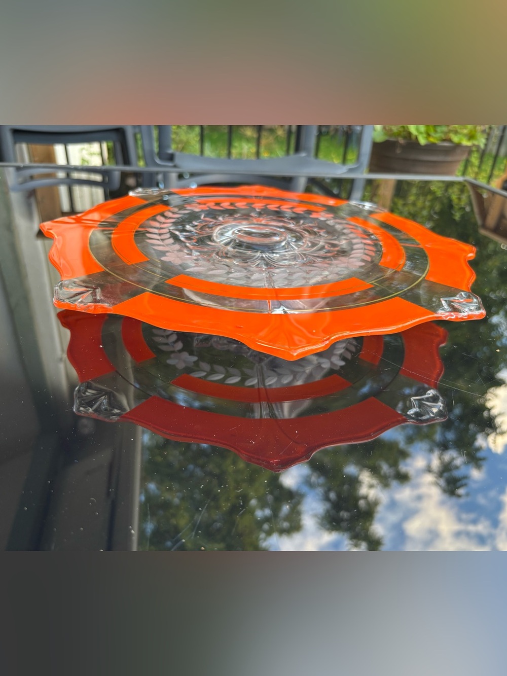 Vintage Art Deco 13.5" Reverse-Painted Glass Pedestal Cake Stand-Orange